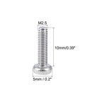Real Deal M2.5X10mm Machine Screws Pan Phillips Cross Head 304 Stainless Steel Fasteners Bolts close up with dimensions