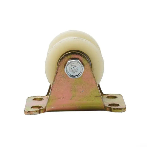 Heavy Duty Nylon Sliding Door Rollers Featuring A Slick Grooved Build For Quiet Operation And Bulletproof Wear Resistance Quick Swap U30mm Roller Wheels for closet and patio use, showing a close-up of the wheel and bracket.