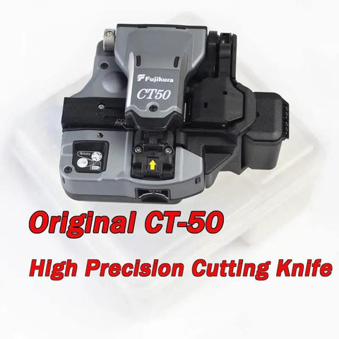 High Performance Japanese Import CT-50 Optical Fiber Cleaver With Hella Accurate Cutting Action For Slick Fusion Splicing And Reliable Field Ready Telecom Gear, showing top view with cutting head.