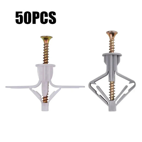 50 Piece Drywall Fasteners Kit With Zinc Plated Screws, Nylon Plugs, Butterfly Wall Anchors for hollow walls, two anchors shown