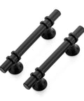 Two matte black cabinet pulls from 30 Pack 5 Inch Matte Black Cabinet Pulls With Round Base For Kitchen Cabinets And Drawer Fronts, 3 Inch Center To Center Hole Spacing, Durable Metal Handles With Sleek Contemporary Design, displayed on a white background.