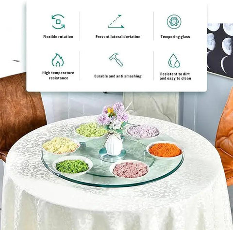 Large 36 Inch Tempered Glass Lazy Susan Turntable With Silent Smooth 360 Rotation Heat Resistant Serving Tray for colorful ingredients on a table.