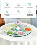 Heavy Duty Tempered Glass Lazy Susan Rotating Serving Plate With Hella Smooth Aluminum Bearing Swivel Base Built Damn Tough For Kitchen Countertops Banquet Tables And House Parties showcasing colorful ingredients on table.