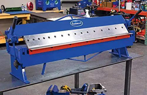 48 Inch Pan And Box Sheet Metal Brake with adjustable removable fingers on workshop table