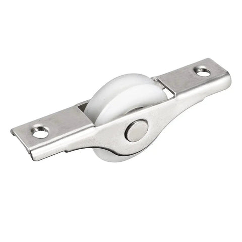 24mm Nylon Single Wheel Pulley With Reinforced Stainless Steel Core And Sleek Electroplate Coating Heavy Duty U Groove Track Rollers set of two, showcasing a white nylon wheel with metal mounting.