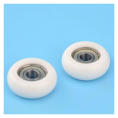 Two 20 Piece Circular Arc Nylon Pulley Rollers with high grade plastic coated bearing on a blue background.