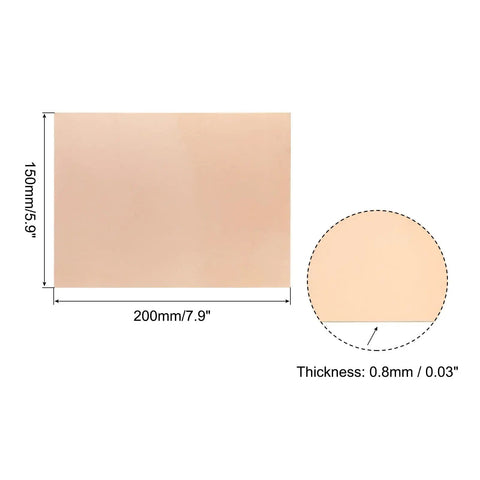 Two Pack FR4 Single Sided Copper Clad PCB Boards, 200 By 150 By 0.8mm copper plated, showing dimensions and thickness detail.