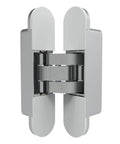 Heavy Duty Concealed Door Hinge Delivers True 180 Degree Swing For Interior Rooms, chrome finish, showcasing adjustable hidden hardware.