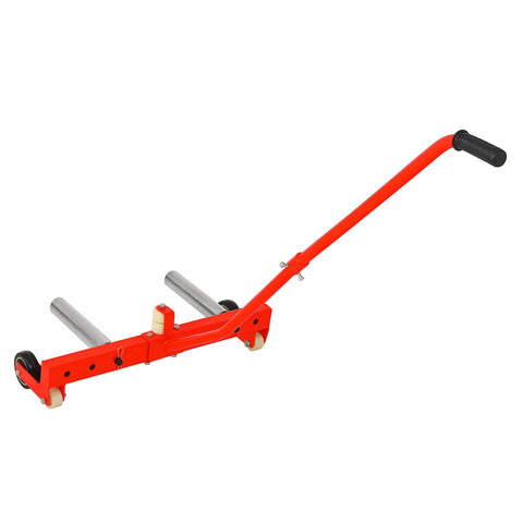 Heavy Duty Adjustable Tire Wheel Dolly Full Size Cart Rock Solid 660 Lbs Capacity Smooth Rollin Garage Essential For Auto Shop Heavy Hauling Plus Built Damn Tough, red frame with rollers and handle.