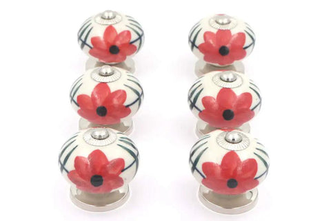 Hand Painted Ceramic Cabinet Knobs Set Of Six Features Dope Red Flower Motif For Dressers And Drawers showing smooth ceramic finish and red floral design.