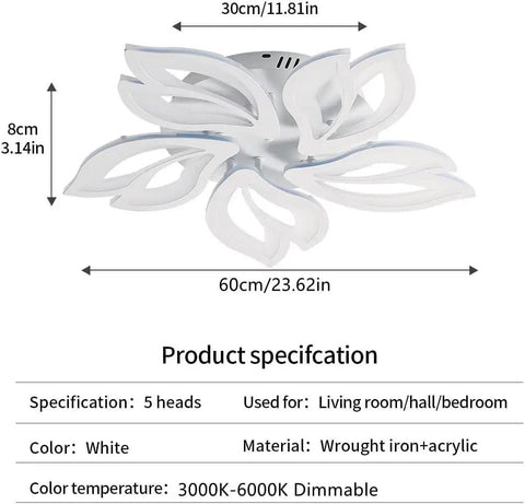 Modern 60W Dimmable LED Ceiling Light With Remote, 23.6 Inch White Acrylic Leaf Flush Mount Chandelier specifications