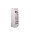 Side view of smoke detector with magnetic holder, compact design, tool-free setup, 85 decibels, sleek white finish.