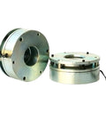 Electromagnetic brake assembly with flange-mount circular housings; two silver metal units with mounting holes and wiring
