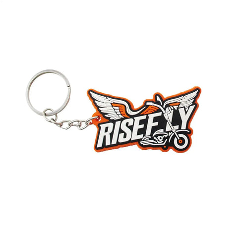 Keychain with 'RICEF' lettering and scooter wing design, orange and white, with metal ring