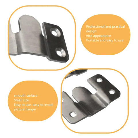 Heavy Duty Stainless Steel Angle Brackets Rock Solid Flush Mount Picture Hangers For Photo Frames Hang Clocks Secure Rust Resistant close-up view of metal brackets