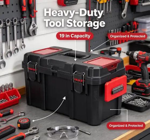 Beefy 19 Inch Tool Box With Big Small Parts Organizer Tray For Nuts Bolts Screws And Drill Bits Made From Dang Tough Resin on workbench.