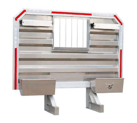 Built To Spec Aluminum Headache Rack And Logger Toolbox Kit For Big Rigs Featuring Dimpled Mirror Finish Flatbed Cargo Setup with chain hooks.
