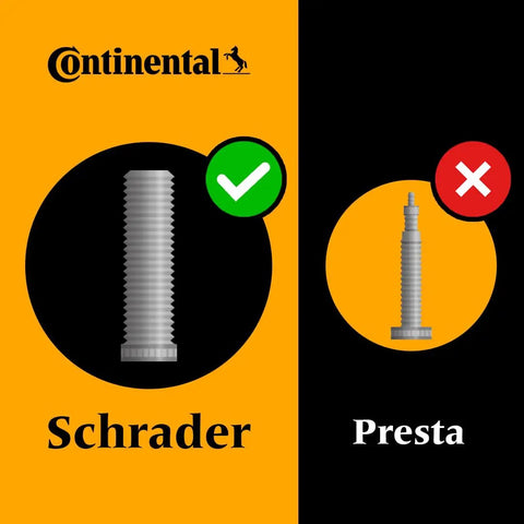 Continental branding with an image of Schrader and Presta valves; focus on Schrader for Tour 28 Inner Tubes For 700C Bikes That Fit 32 To 47Mm Wide Tires With 40Mm Schrader Valve And Levers Included Heavy Duty Butyl Tubes 2 Pack For Quick Replacements On Road Or Trail