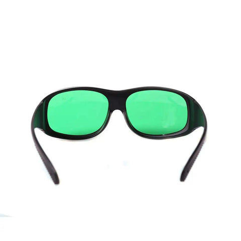 Heavy Duty Laser Protective Glasses Provide Knockout Eye Defense For Red Semiconductor Projects And Nd Yag Workshops With Straight Up Comfort Seal Optical Density Filter, front view with green lenses.