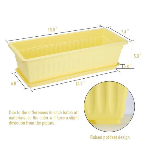 Side view of Six Pack Window Box Planters Set 17 Inch Long Rectangular Plastic Planter Boxes With Tray in bright yellow with dimensions.