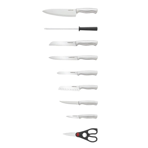 Gotta Have This Knockout 15 Piece Kitchen Knife Set Featuring Hella Sharp High Carbon Stainless Steel Blades, seven knives and shears.