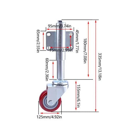 Heavy Duty Gate Casters 2 Pack 220 Lbs Capacity Each, detailed dimensions for swivel fence wheel roller with solid rubber tire.