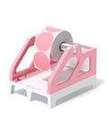 Heavy Hitter Universal Thermal Shipping Label Holder And Fan Fold Roll Organizer No Sweat Paper Dispenser Stand Pink with roll.