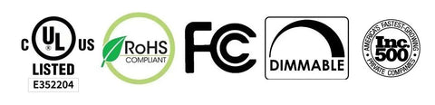 Certification logos for Eight Pack 6 Inch Retrofit LED Ceiling Light Fixtures Dimmable Recessed Lighting with Baffled Trim 2700K.