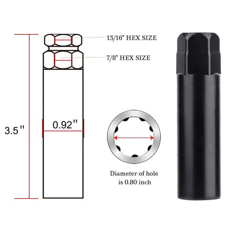 Pro Shop Grade Replacement 7 Point Drive Tuner Wheel Lug Nut Socket Key Cold Forged Steel, 3.5 inches, hex sizes 13/16 and 7/8.