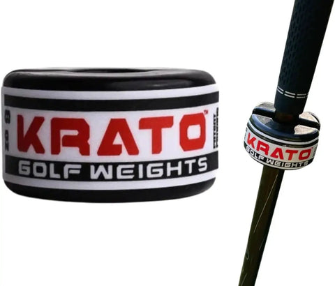 Close-up of a 4oz black golf swing trainer weight attached to a club shaft, featuring the 'KRATO Golf Weights' logo on the band.