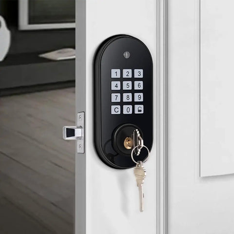 No Fuss Electronic Keypad Deadbolt Lock Featuring Keyless Entry And Automatic Self Locking Design For Rock Solid Front Door Security on a door with keys