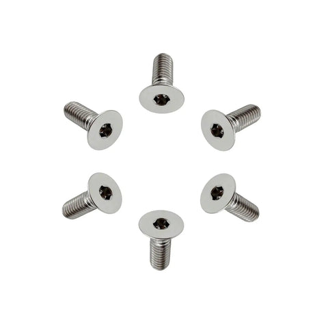 Sick Titanium Steering Wheel Bolts M5 X 12mm Six Piece Countersunk Flat Head Screw Kit arranged in a circle.