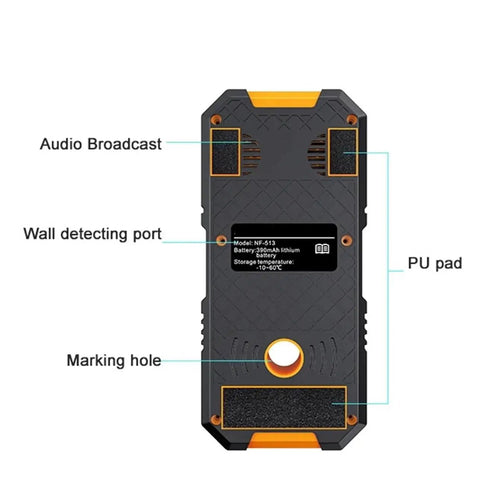 Back view of Slick Rechargeable Stud Finder With Bright LCD Display showing wall detecting port and audio broadcast features.