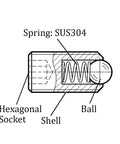 Diagram of Pro Grade 304 Stainless Steel Ball Plunger And Spring Loaded Detent Screw with hexagonal socket and shell details.