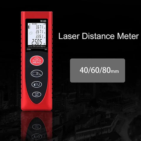 Heavy Duty Laser Distance Meter With Eighty Meter Reach featuring sleek backlit screen, compact design showing various measurements.