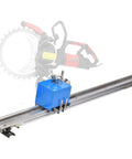 Heavy Duty Job Site Ready Automatic Wall Cut Off Saw With Plug And Play Remote Track For Dead Solid Concrete Brick Tile Grooving 150W Orbital Rotary Chaser on a silver metal guide with a blue unit.