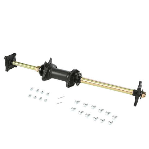32 Inch Rear Axle Complete Assembly Kit With Swingarm Frame Bracket For GY6 110cc 125cc 150cc And 200cc ATVs Go Karts Buggy DIY Rebuild 4 Hole Carrier Wheel Hub displayed.