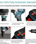 Instructions for Cordless Electric Rivet Nail Gun, 2 In 1 Rivnut Installer For M3 To M12 Bolt Sizes, showcasing automatic operation steps.