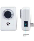 Two Pack 24 Hour Indoor Light Countdown Timer With Polarized Outlet Easy Hookup For Small Appliances And Holiday Decorations 15 Amp UL Certified Auto Run Switch Sets Up In No Time, showing timer dial and polarized outlet.
