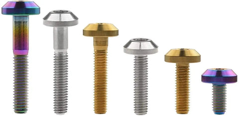 Straight Fire Titanium Bolts For Motorcycles And Bikes Hex Socket Hardware with rainbow and gold finish, sizes 15mm and 30mm.