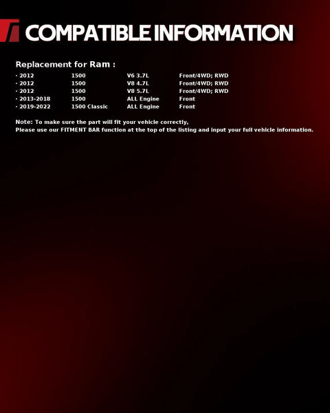 Compatibility information for Front Wheel Hub Bearing Assembly 515151 For Ram 1500 And Ram 1500 Classic 2012-2022