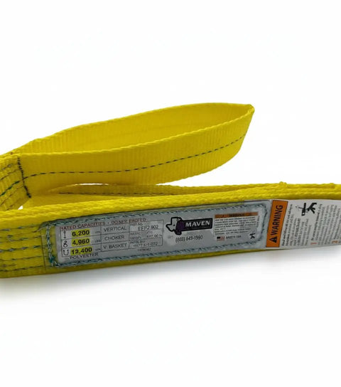 Heavy Duty Flat Eye To Eye Polyester Web Sling 1 Inch Wide By 2 Foot Long For Lifting And Rigging, yellow with label visible.