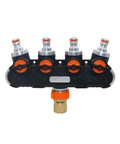 Four Way Garden Hose Splitter Valve Kit For Easy No Fuss Irrigation Setup, 16Mm Hose Fittings, Durable Orange Tap Adapter, All In One Four Way Water Connector For Lawn, Plants, And Landscaping. 4-way metal plastic splitter with 3/4 inch connector