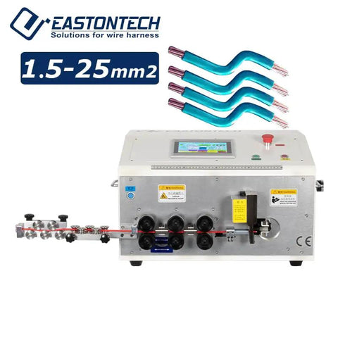 High Precision Automatic 2D Wire Cut Strip And Bend Workhorse with control panel and wire attachments for cables up to 25 square millimeters.