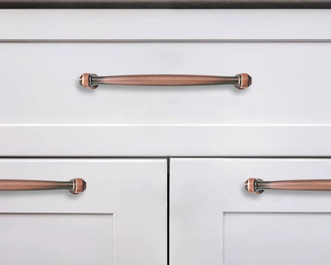 Rock Solid Brushed Antique Copper Cabinet Pulls Two Pack Three Inch Center To Center Vintage Drawer Handles For Kitchen Cupboards and Dressers Hella Durable Grip on white kitchen cabinets.