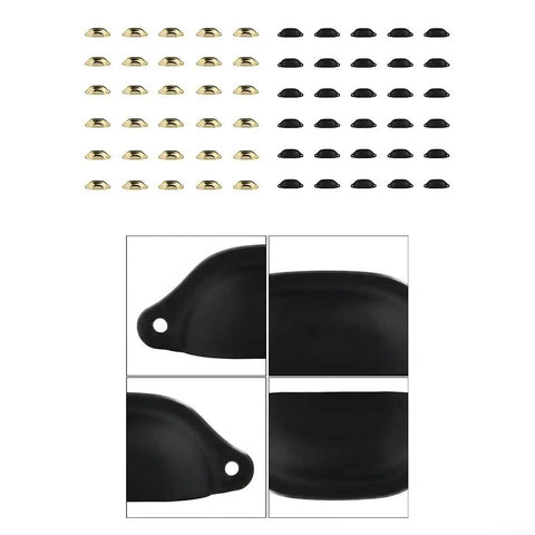 Vintage Half Moon Cup Pulls 30 Pack Pressed Steel Cabinet Handles with gold and black finishes for rustic farmhouse decor.