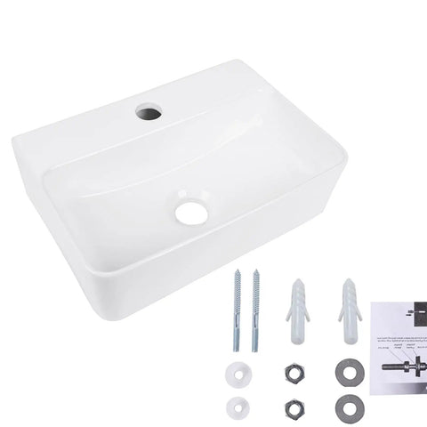 Slick White Rectangular Wall Mount Bathroom Sink, 14.5x10x4.3 inches, ceramic vessel basin with installation hardware.