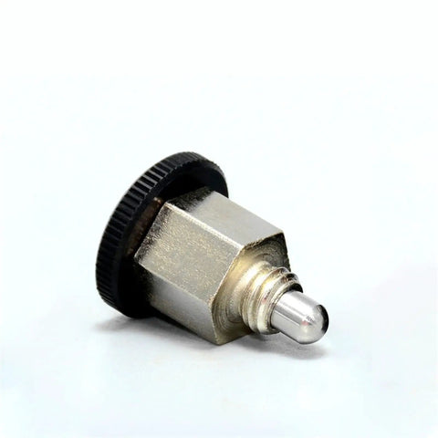 M10 Knurled Thumb Knob Plunger Pin Featuring Smooth Spring Loaded Action And Rock Solid Locking Power Locks Down Firm For Fixed Position Indexing Heavy Duty Dowel Fastening Screw Tool angled view showing steel and black knob.