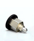 M10 Shop Tough Plunger Knob Featuring Dead Set Spring Locking Pin, close-up view of stainless steel finish and black knob.