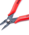 Compact Electronics Cutter Set With Miniature Flush Cutters And Needle Nose Pliers Serrated Jaws For Firm Grips Cuts Soft Wire Up To 20 AWG 0.8mm Shock Absorbing Grips All Purpose Hobbyist And General Electronics Tool Black, red handled flush cutters close-up